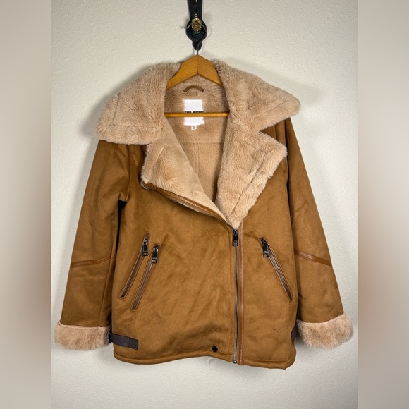 Steve Madden Women’s Faux Shearling Fur Bomber Jacket In Cognac Size Small - Picture 2 of 12